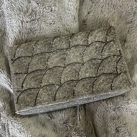 Beaded purse silver clear beads envelope clutch white satin interior & strap - Picture 1 of 12